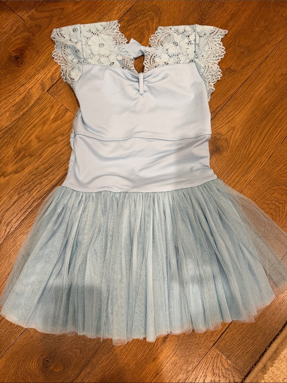 Light Blue Lace-Shoulder Tulle Dance Costume for Kids